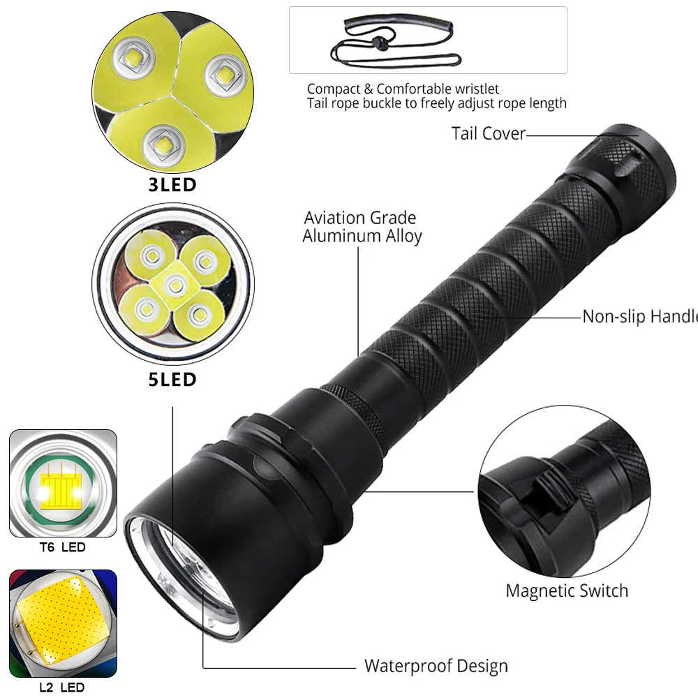 Фонарик для дайвинга 5 * T6 L2 светодиодный фонарик подводного погружения 200 м