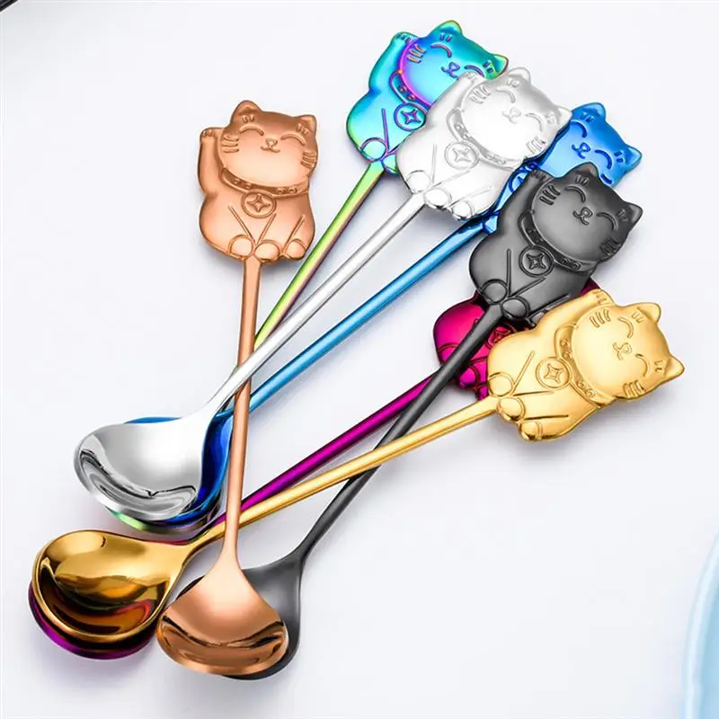 

304 Stainless Steel Cute Luck Cat Coffee Stirring Spoon Cartoon Dessert Spoon for Tableware Kitchen Supplies Ice Cream Spoon