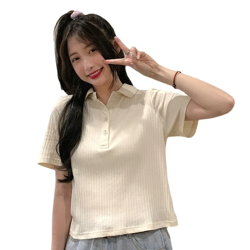 

2021 New Women's Solid Color Slim Fit Short Top Female White Base Short Sleeve Polo T-shirt