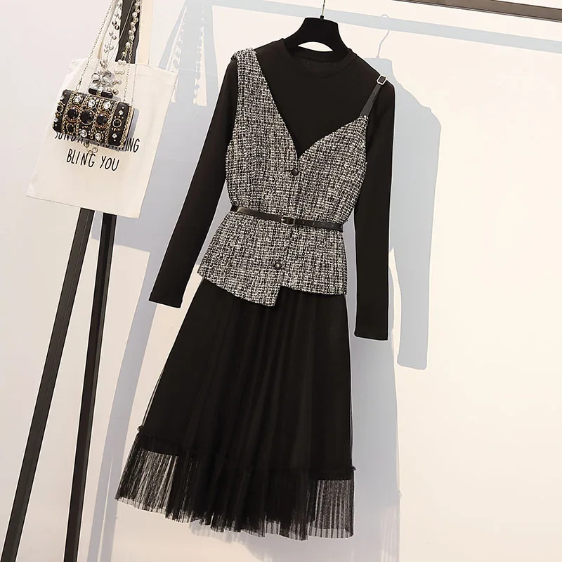 Осенний женский элегантный костюм жилет и платье средней длины с длинным рукавом