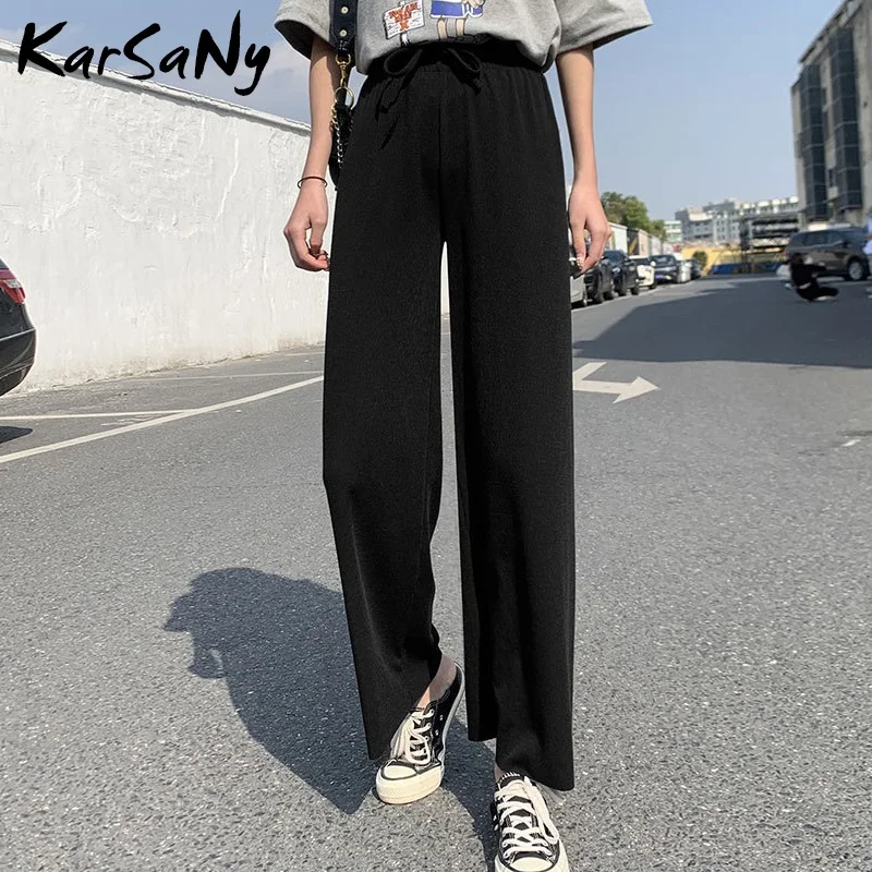 Брюки женские летние шелковые широкие на шнуровке с высокой талией | Женская