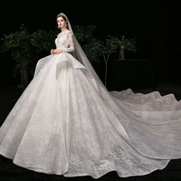 custom made wedding dresses ball gown long sleeve big train lace appliques elegant luxury wedding gowns 2020 new design s12