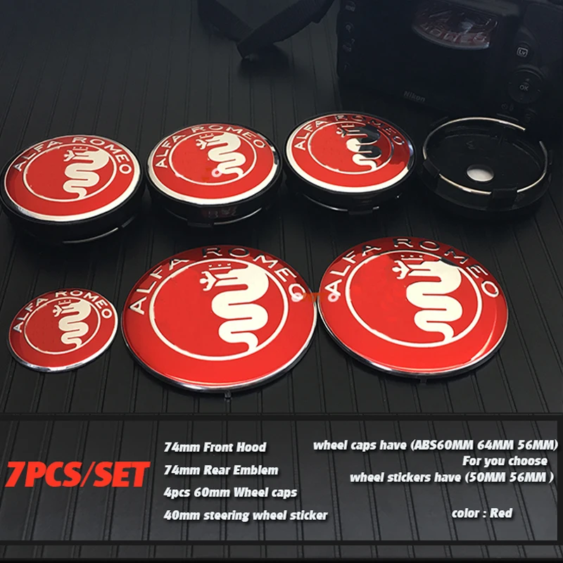 

7pcs Alfa Romeo New Logo 74mm Hood Trunk 40mm Steering Wheel Badge 60mm 56mm 64mm Wheel Center Cap Emblem alfa auto accessorie