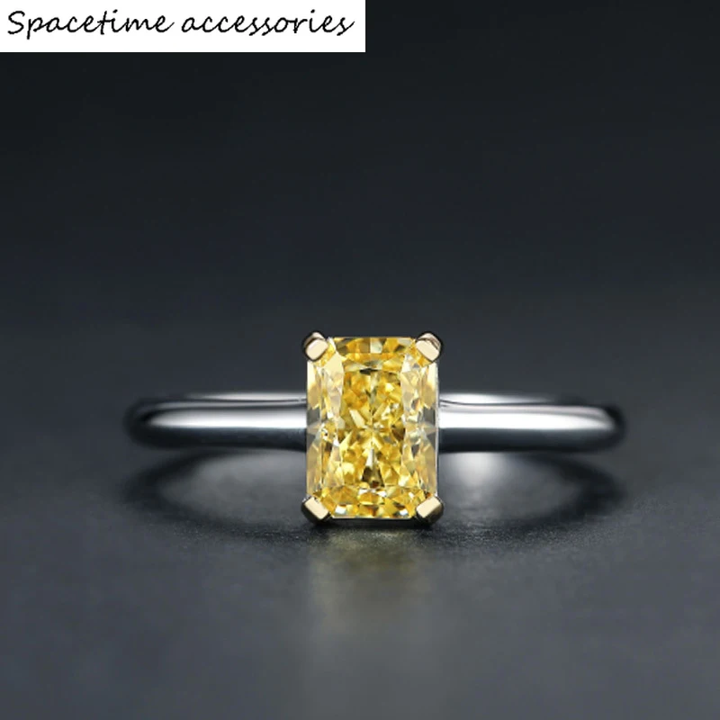 

Luxury High Carbon Diamond Real 925 Sterling Silver Rings For Women Simple Rectangle Yellow Zircon Wedding Fine JewelryRings
