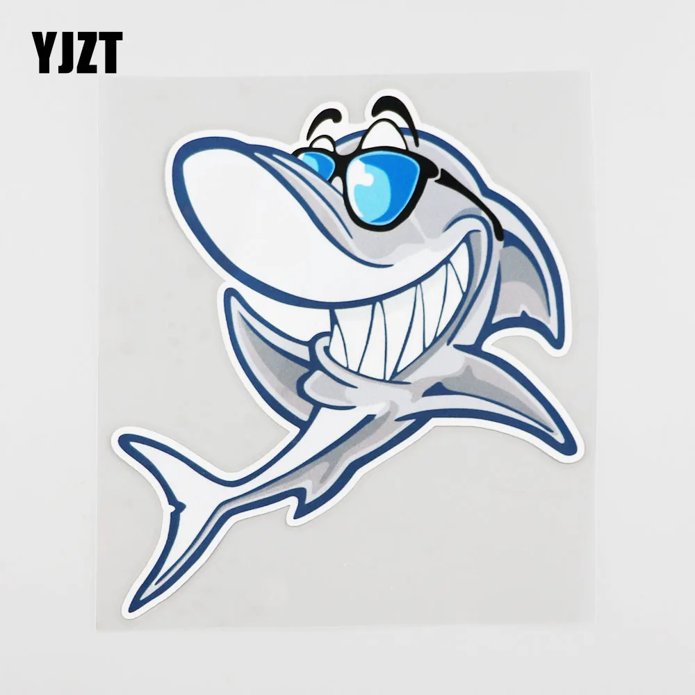 

YJZT 13.6CMX15.3CM Smiling Shark Car Sticker Sharks In Sunglasses Pvc Decal 6A-0081