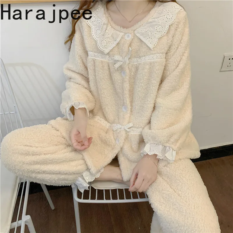 

Harajpee Winter Plush Pajamas Women's Autumn 2021 New Lovely Two-piece Set Lace Edge Age Reducing Warm Home Clothes Set Kawaii