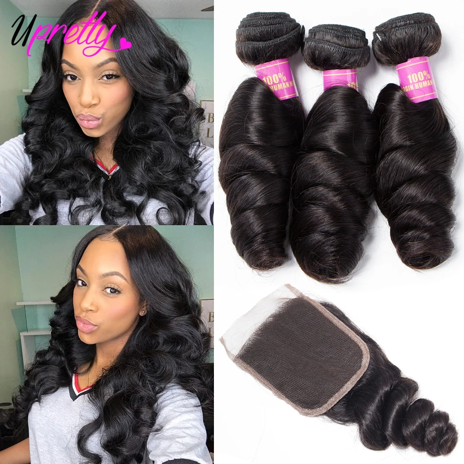 Upretty свободные волнистые пучки волос с застежкой кружевные бразильскими Реми