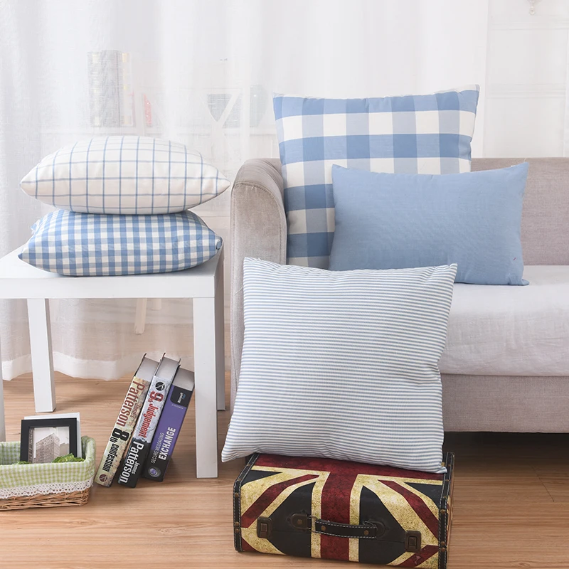 

Simple cotton linen white blue Plaid cushion cover sofa Mediterranean pillowcase 30X45/40x40/45x45/50x50/60x60/70x70cm