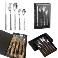 2020 new imitation wooden handle stainless steel tableware western kitchen knife fork spoon four piece set gift box