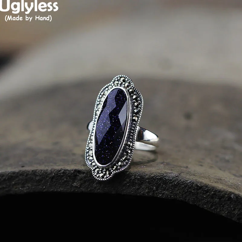 

Uglyless Chalcedony Women Gemstones Rings Vintage Thai Silver Irregular Geometric Open Rings 925 Silver Marcasite Exotic Jewelry