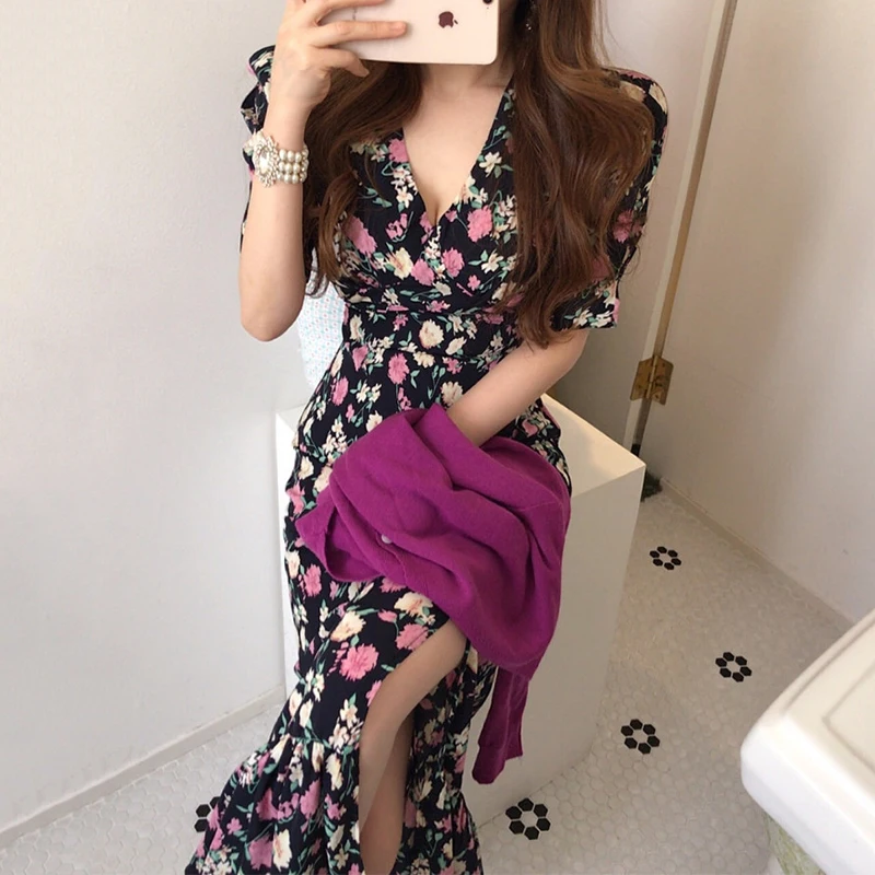 Женское приталенное платье в Корейском стиле элегантное шифоновое ретро с V