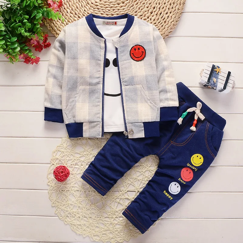 Baby Boy Clothes Korean Fashion Sports Plaid Jacket Smile T-shirt Pants 3PCS Infant Outfit Girl Suit Bebes Jogging Suits | Детская