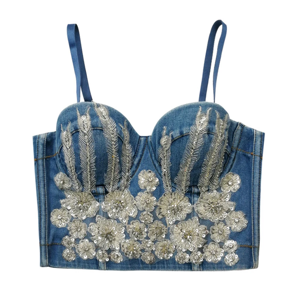 

Женский короткий джинсовый корсет с аппликацией из бисера и цветочным принтом