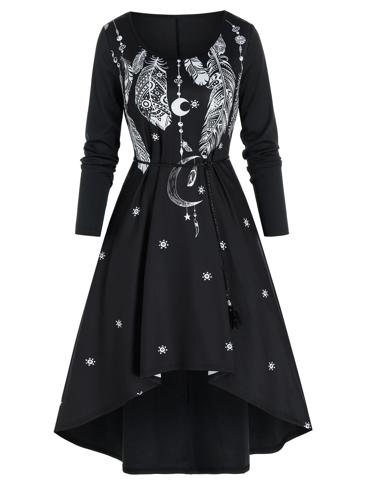 

Long Sleeve Bohemian Feather Printed Tassel Belt Dress High Low Self Tie Moon Printed Ethnic Modest Robe For Women