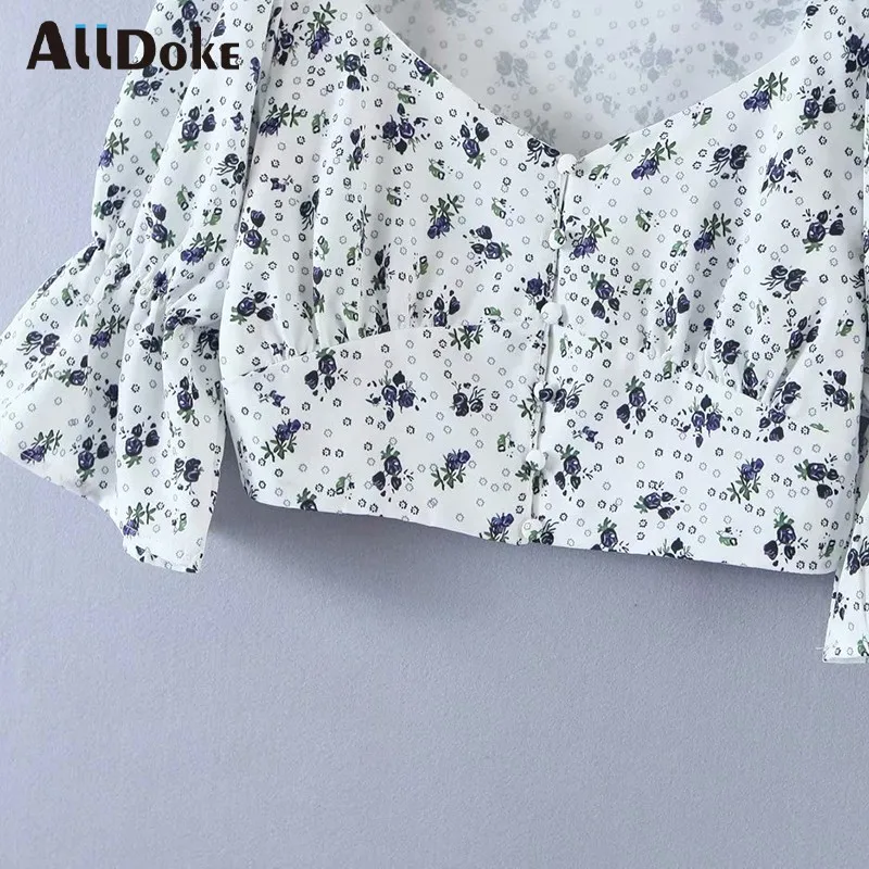 

Alldoke Floral Print Blouse Women V-neck Puff Sleeve Button Corp Top 2021 Summer High Waist Shirt Ladies Blouses Blusas Mujer