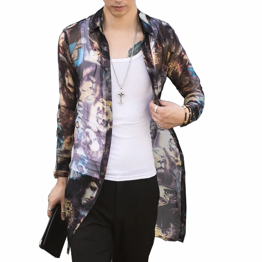 Новинка 2019 Мужская одежда стильная длинная рубашка с саржевым экраном и цифровой