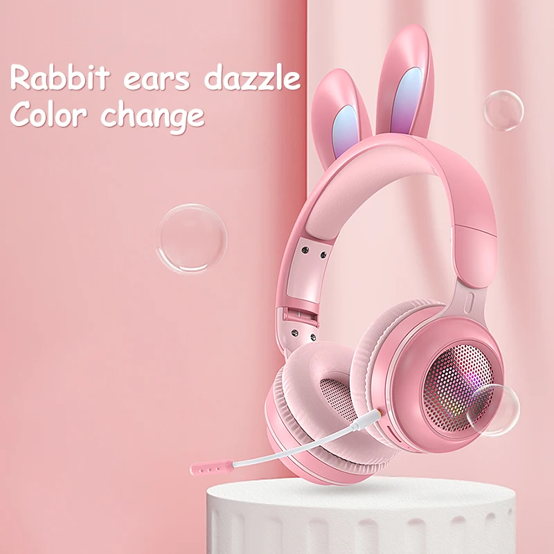 2022 New Wireless Earphones RGB Rabbit Ears Headset  with Mic Cute Girls Music Bluetooth Headphones For Children's Gamer Headset images - 6