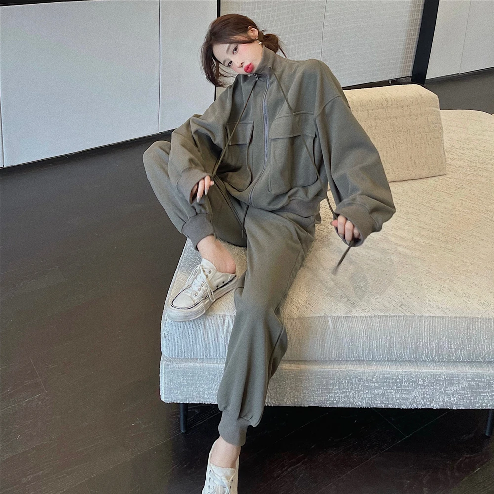 

Корейский винтажный уличный костюм, толстовки, женский модный костюм с воротником-стойкой, топы на молнии и узкие брюки с высокой талией, св...