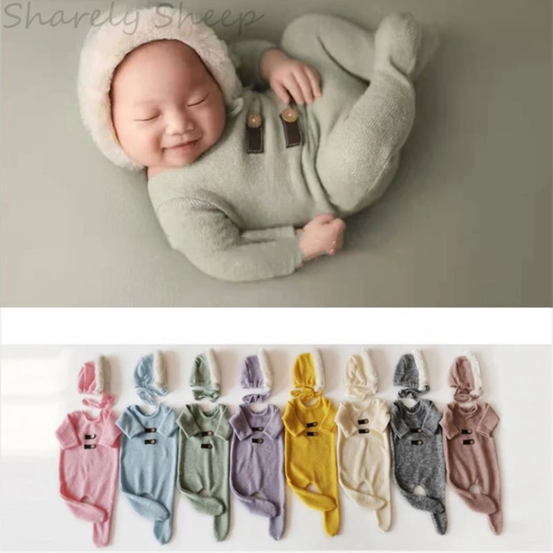 

Newborn Photography Knit Outfits Clothes Infant Baby Boy Girl Hat+Rompers Photo Shoot Posing Costume Baby Shower Gift foto Prop