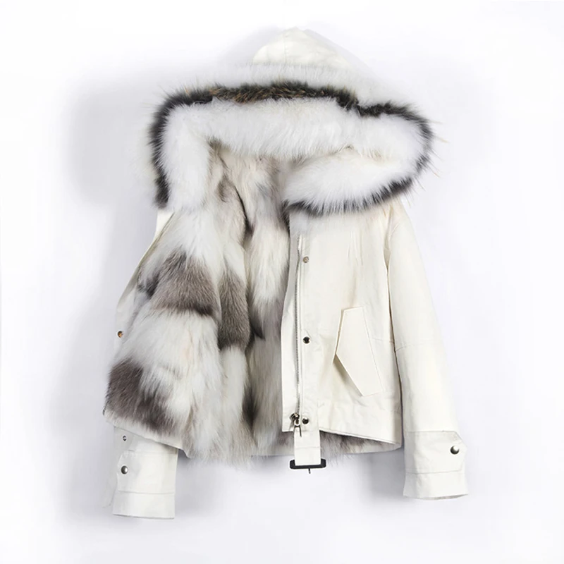 Women Jacket Winter Real Fox Fur Collar Hood Short Coat Parka White Black Real Natural Fur Liner Thick Warm Outerwear Streetwear