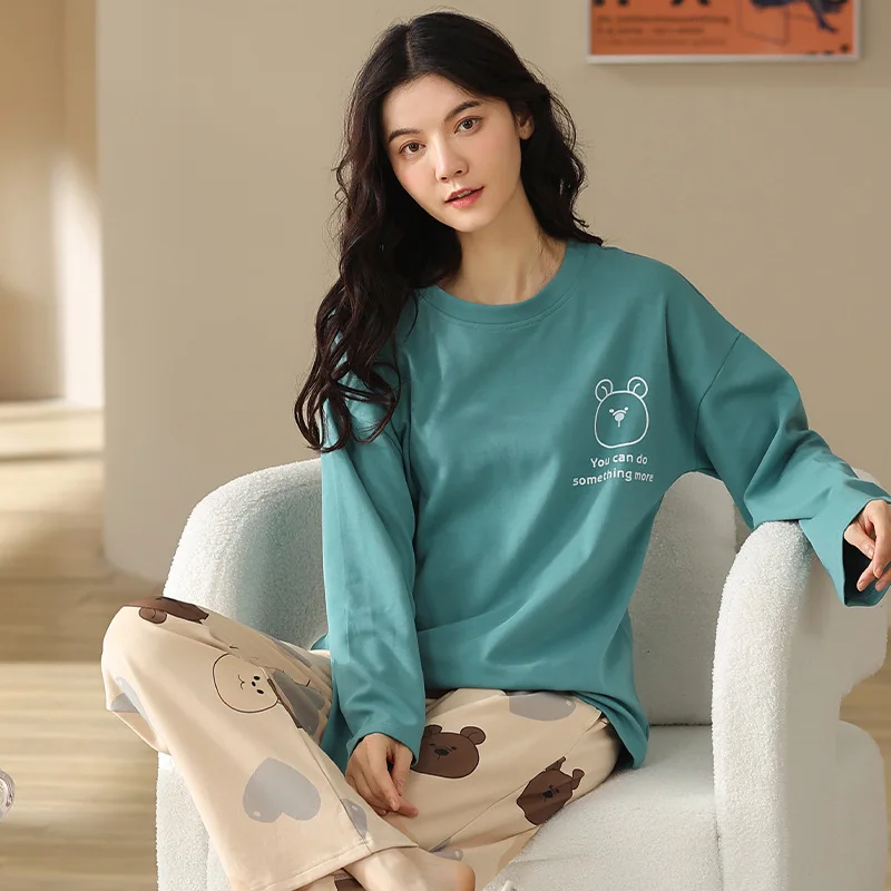 2021 Autumn and Winter New Women's Pajamas Cotton Round Neck Home Service Pajama Set Women Pijamas Women Sleepwear Two Piece Set