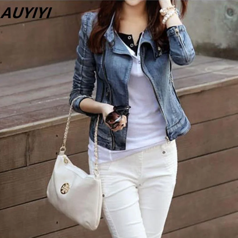 

AUYIYI 2021 Korean Version Of The New Retro Denim Motorcycle Jacket Women's Slim Denim Jacket Women Long Sleeves