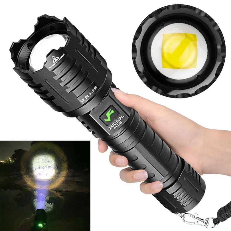

XHP160 50W Most Powerful Aluminum Alloy TypeC Zoom Rechargeable Tactical LED Flashlight with 5 Modes Use 18650 / 26650 Battery