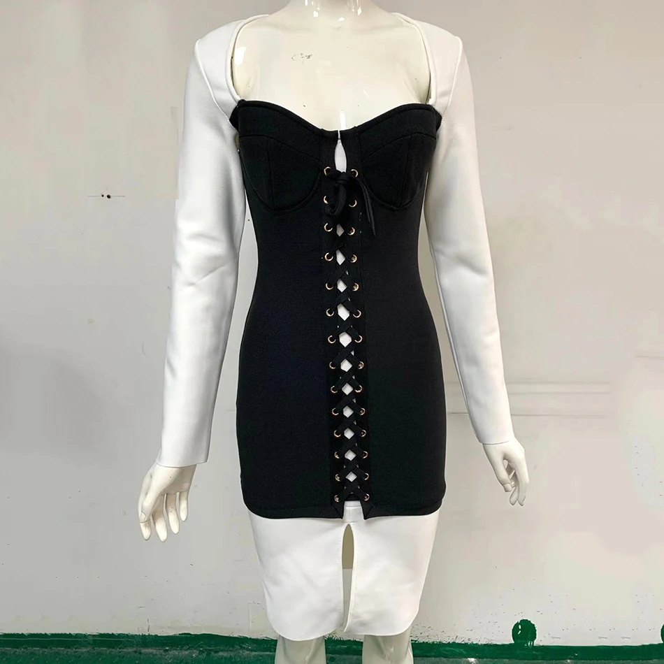

Ailigou 2020 New Autumn Women White Long Sleeve Bodycon Bandage Mini Dress Sexy Patchwork Celebrity Runway Party Dresses