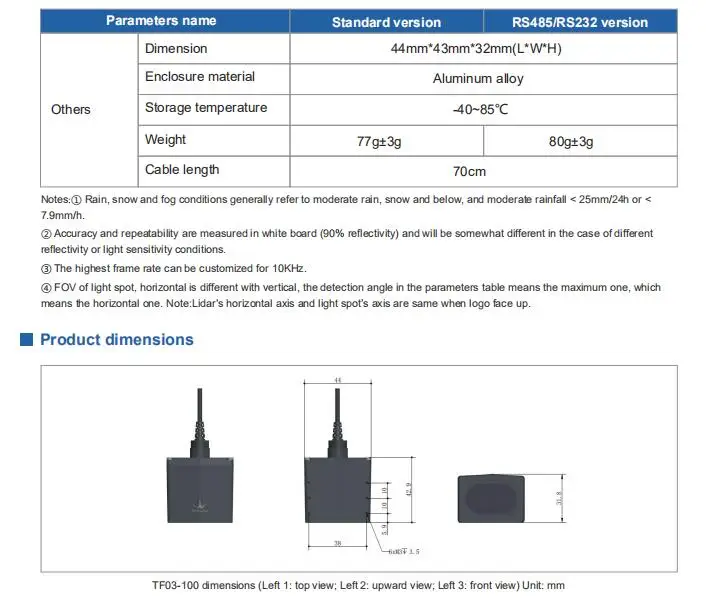 Benewake IP67 TF03-100 LiDAR промышленный высокоскоростной датчик расстояния до 100 м UART/CAN/IO, RS485/RS232 TF03 Lidar
