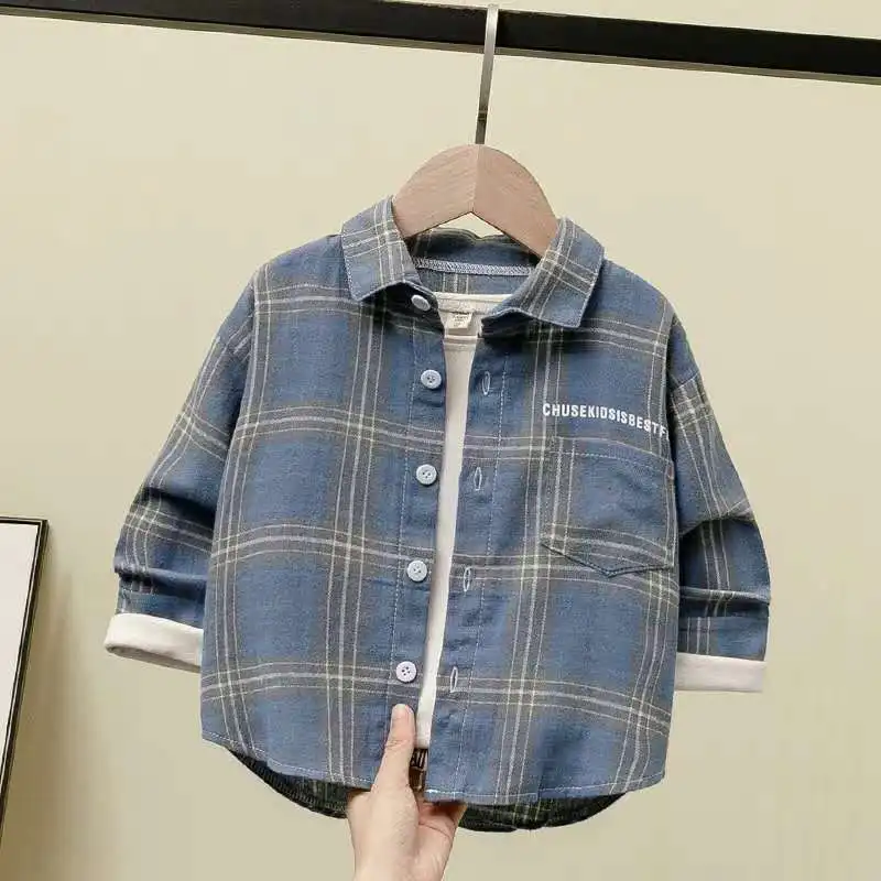 

Boys' Shirt Spring and Autumn Middle and Small Children's Plaid Shirt Children's Baby Long Sleeve Cotton Coat Thin Coat