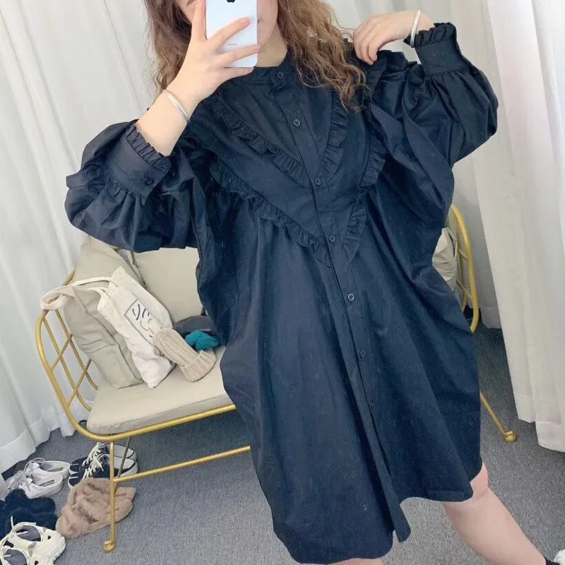 Женское платье рубашка с рукавами фонариками [EWQ] Розовое свободное оборками в