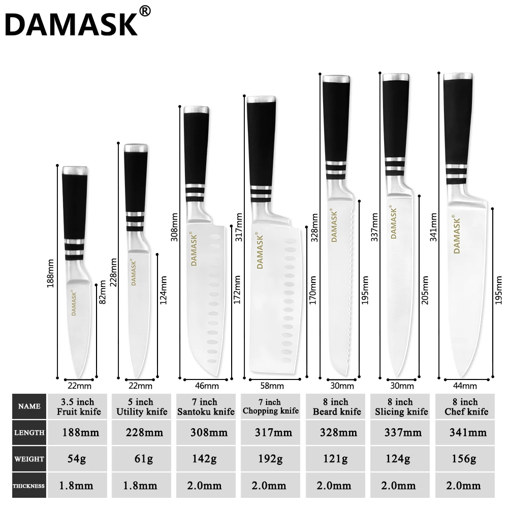 Damask набор ножей из нержавеющей стали с черной стальной ручкой кухонный нож Santoku
