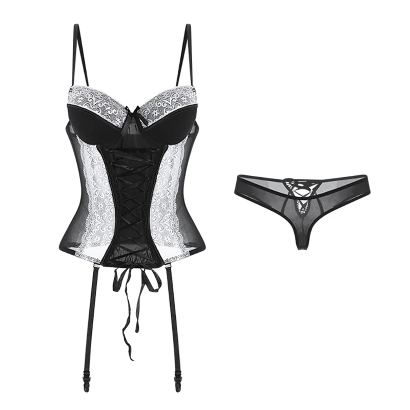 

Temptation Bodysuit Set Sexy Perspective Lace Suspender Steel Rings Support Tights with Cotton Pads for Women