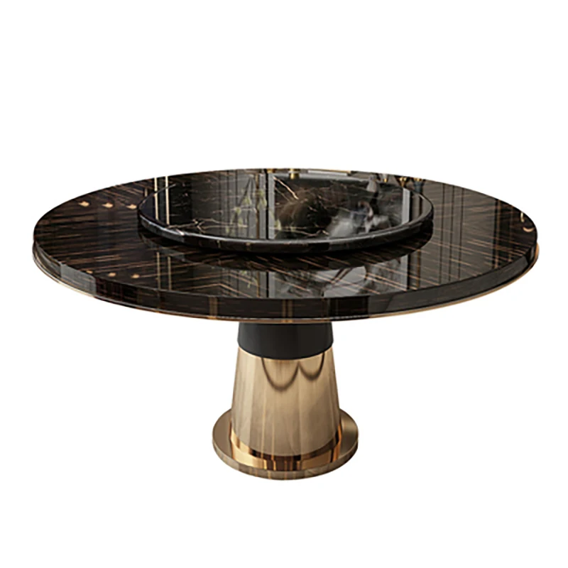 

Postmodern light luxury round dining table large apartment villa living room solid wood turntable table and chair combination