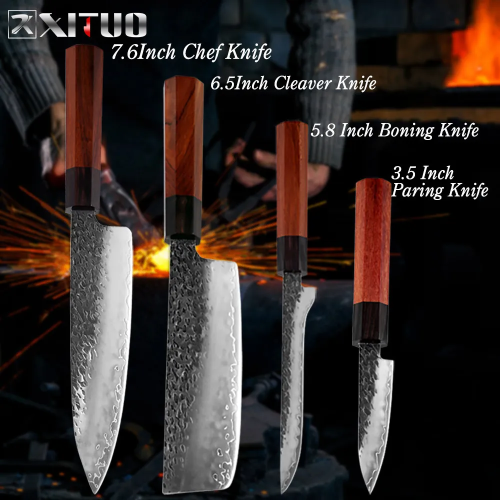 4PCS XITUO три-слой композита Сталь шеф-повара Ножи ручной ковки китайский нож Острый кухонный топорик Santoku кирицукэ утилита Пособия по кулинарии инструменты - Цвет: 4PCS