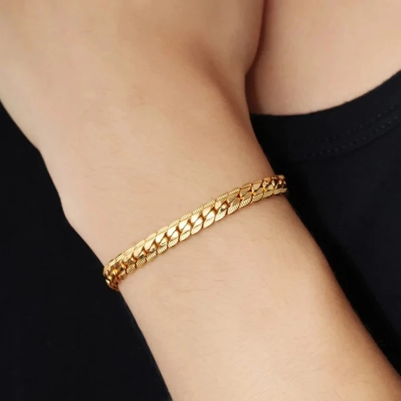 Золотистый браслет цепочка в Кубинском стиле для мужчин и женщин массивное