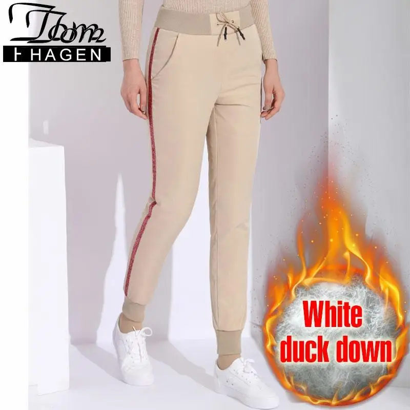 Зимние Модные женские брюки на утином пуху теплые черные с высокой талией в