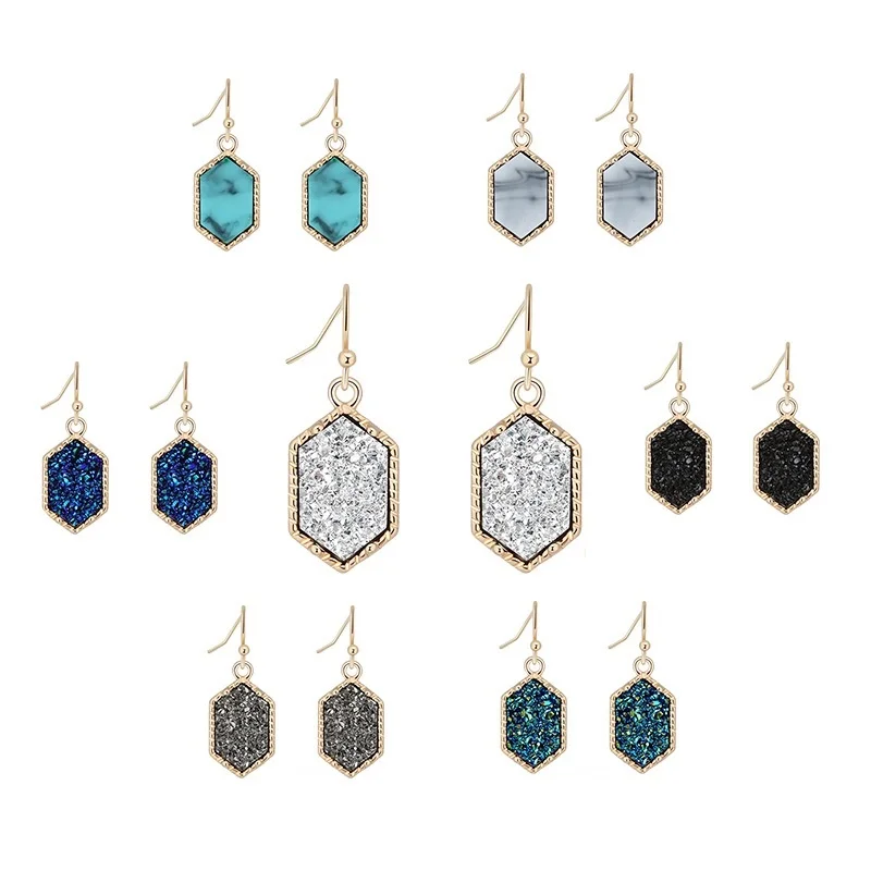 Drusy шестигранные Висячие серьги, Имитация кристаллов, камни Друза, позолоченные сережки с серебряным покрытием, брендовые ювелирные изделия для женщин