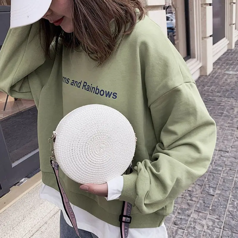 

New Female Travel Shoulder Bags Handmade Straw Weave Round Women Small Summer Beach Beach Crossbody Bags Woven Shopping Totes