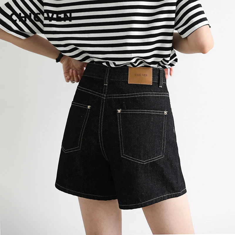 

Шикарные корейские свободные женские трапециевидные джинсовые шорты с высокой талией, хлопковые черные джинсы для девушек, женские повсед...