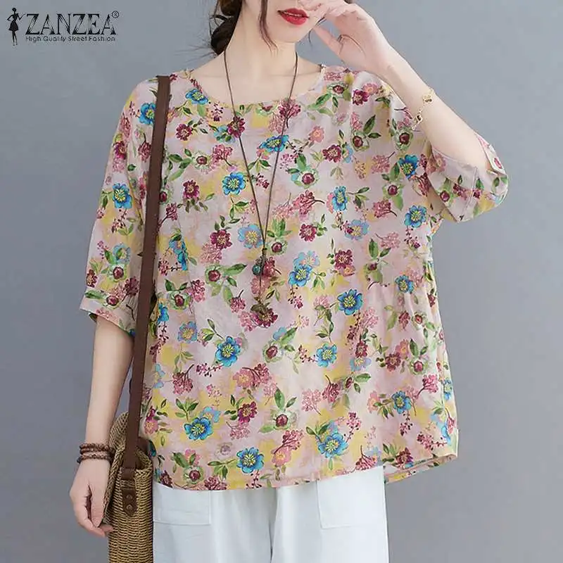 

Loose Holiday Blouse 2021 Short Sleeve Floral Printed Shirt Vintage Chemise Women Fashion Casual Baggy Long Tunic Tops Oversized