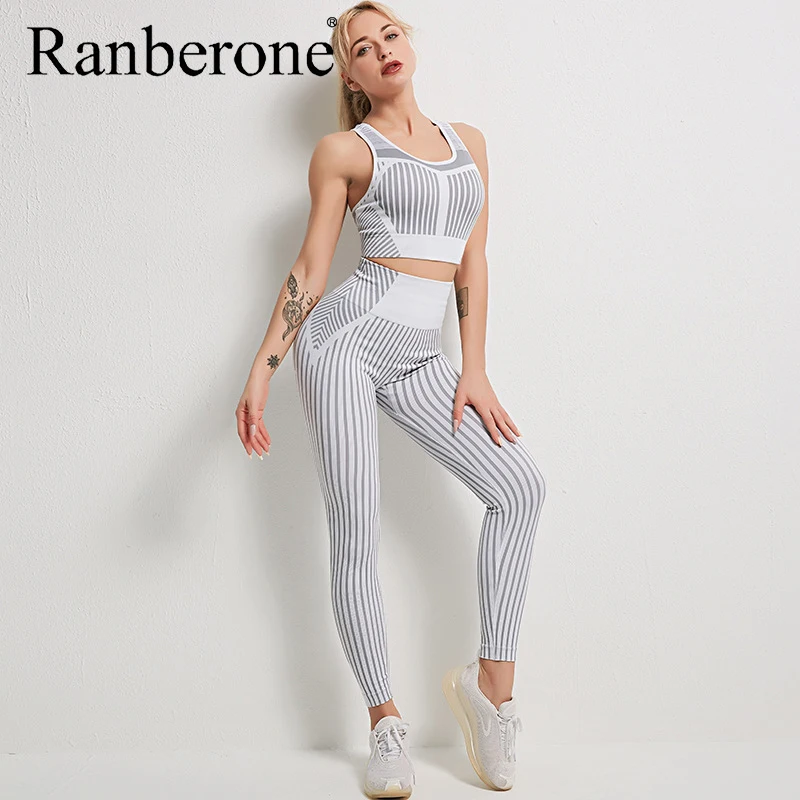 Ranberone 2 Piece Set Women Sport Suit Seamless Yoga Wear Fitness Sports Vest + Running Leggings Gym Clothing Sportswear