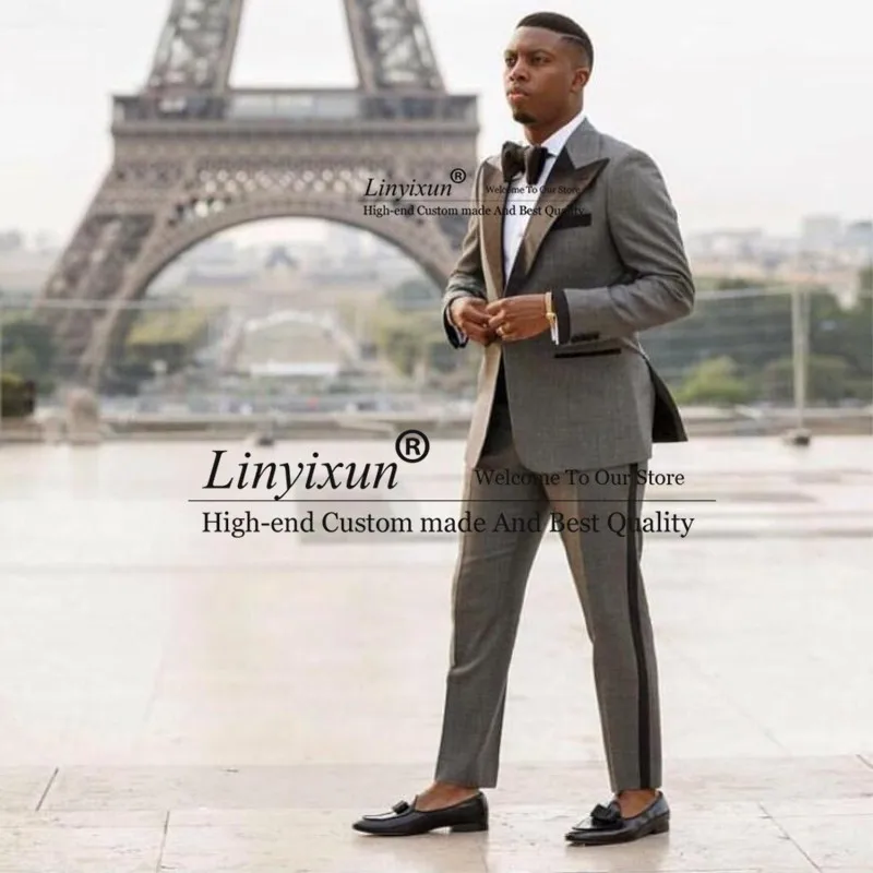 

2021 Wedding Tuxedo Gray Men Blazers Banquet Party Prom Ball Slim Fit Groom Suit Jackets Peaked Lapel Stage Costume Homme