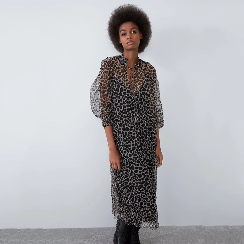 Женское Полупрозрачное платье ZA с высоким воротником и длинным рукавом