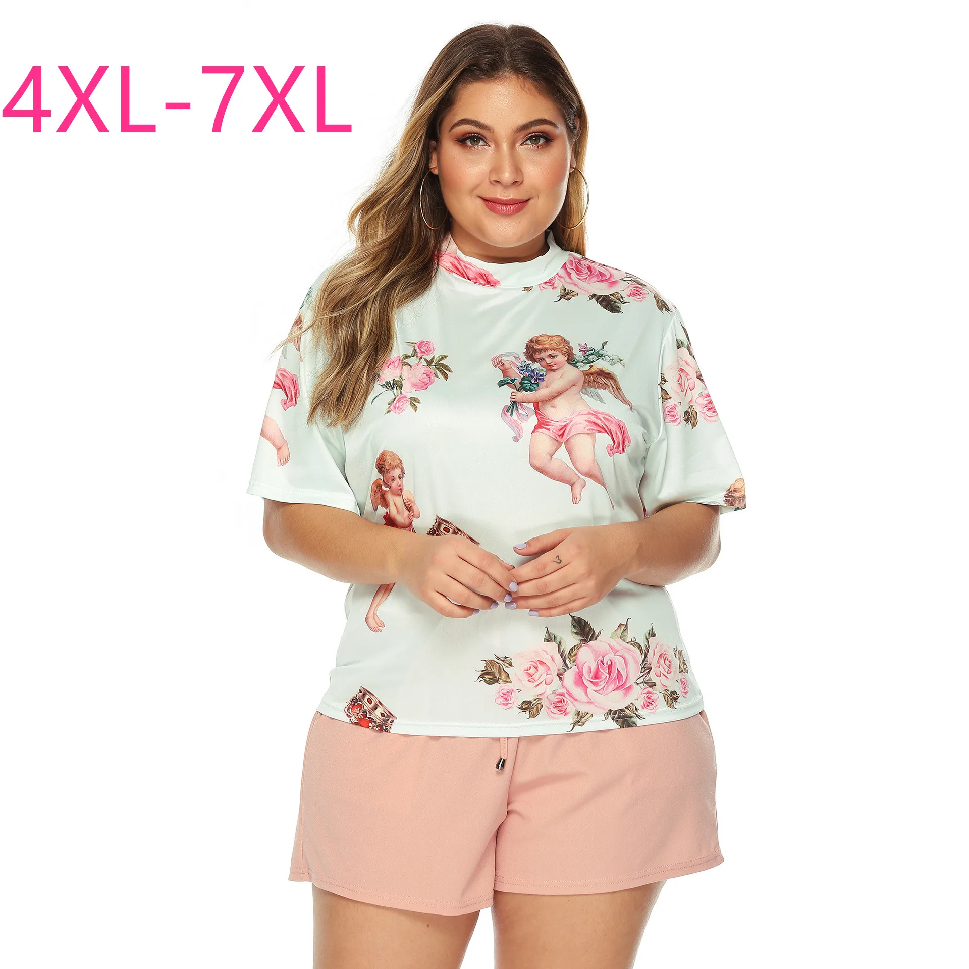 Женская свободная футболка с цветочным принтом белая блуза круглым вырезом и