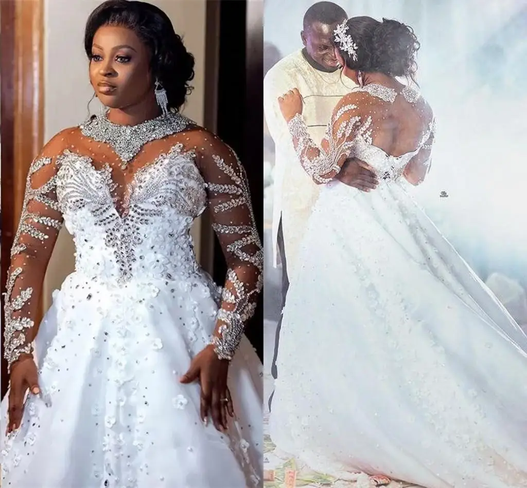 

Crystals Arabic Dubai Wedding Dress Sheer Neck Long Sleeves Beaded Bridal Gown Robe De Mariage Vestidos Noiva 2023