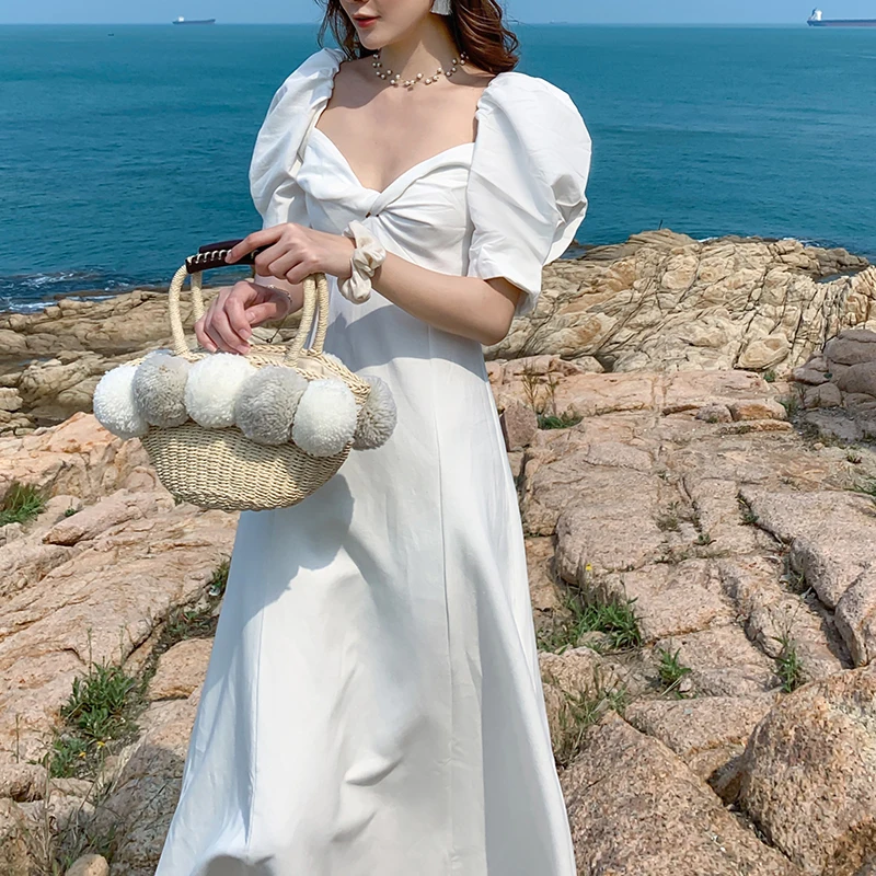 

Женское длинное белое платье с глубоким вырезом, модельное винтажное платье Бохо в Корейском стиле, сказочный Повседневный пляжный праздве...