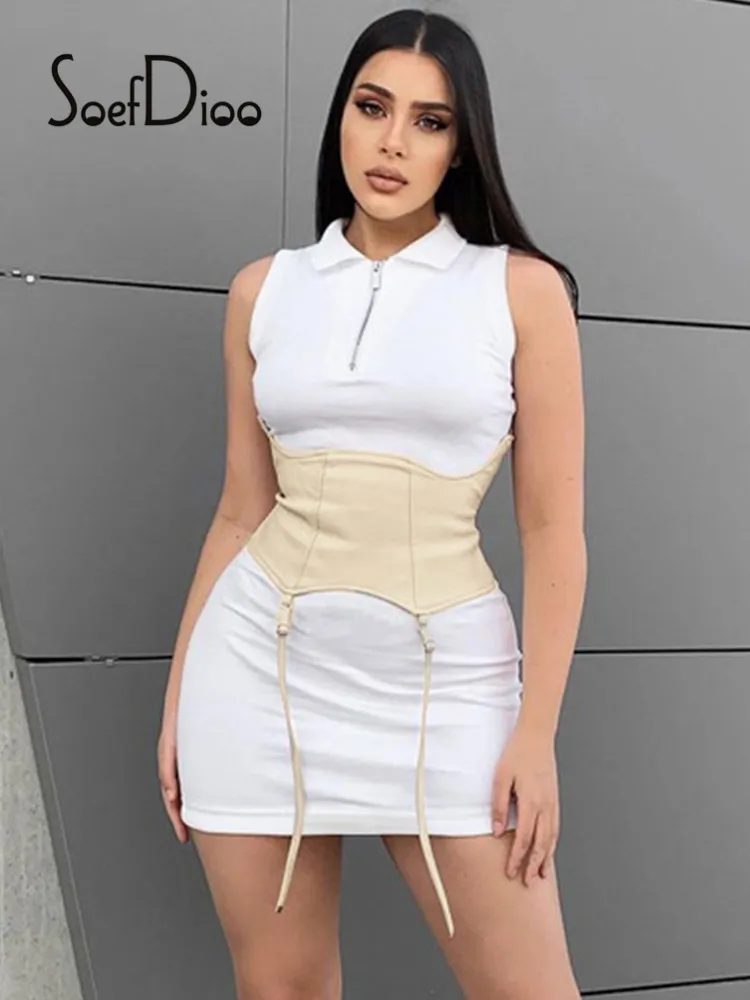 

Soefdioo Women Contrast Color Turn-Down Collar Bodycon Dress Sexy Zipper Sleeveless Mini Dress Summer 2021 Fashion Streetwear
