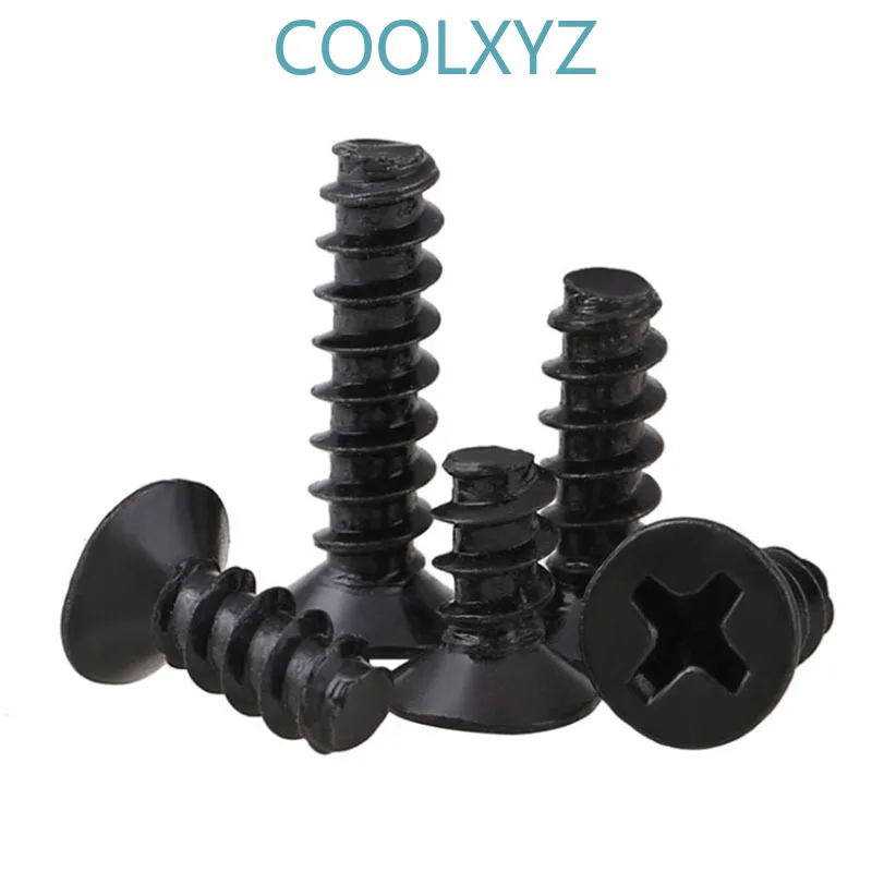 

Black Philips Tapping Flat End Small Screw Cross Countersunk Flat Head Flat Tail Self Tapping Screw KB M2.6M3M3.5M4 250Pcs