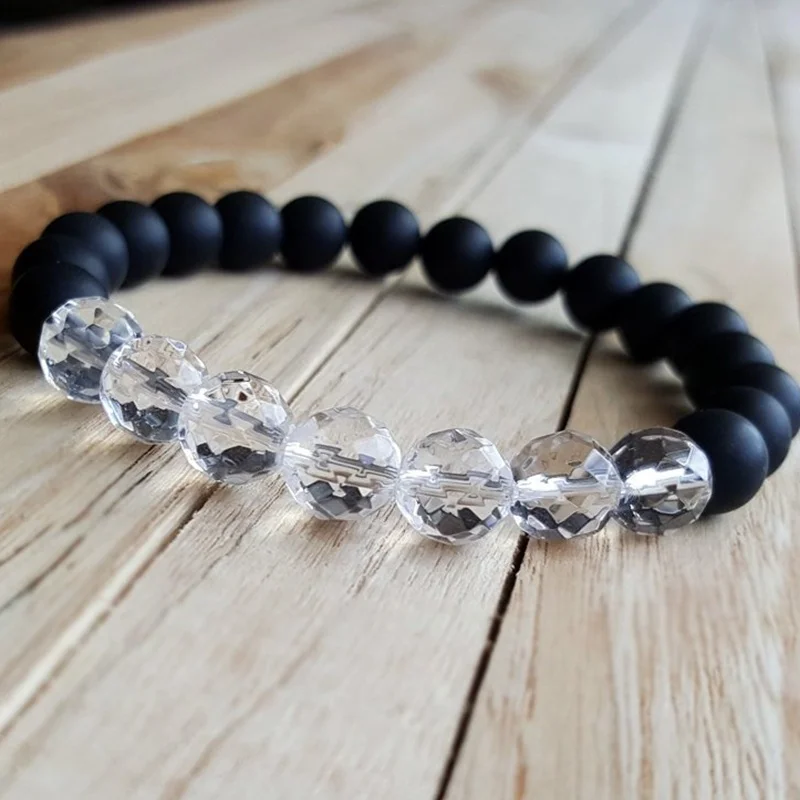 

8mm Multi-faceted Clear Quartz Bracelet Matte Black Beads Bracelet for Girlfriend Gift